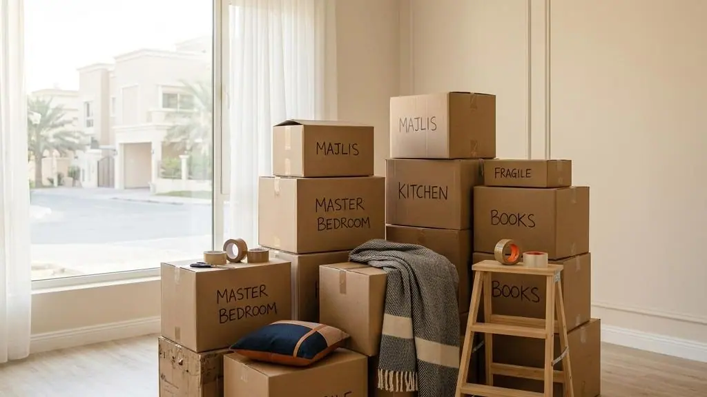 Cardboard moving boxes in a bright living room.