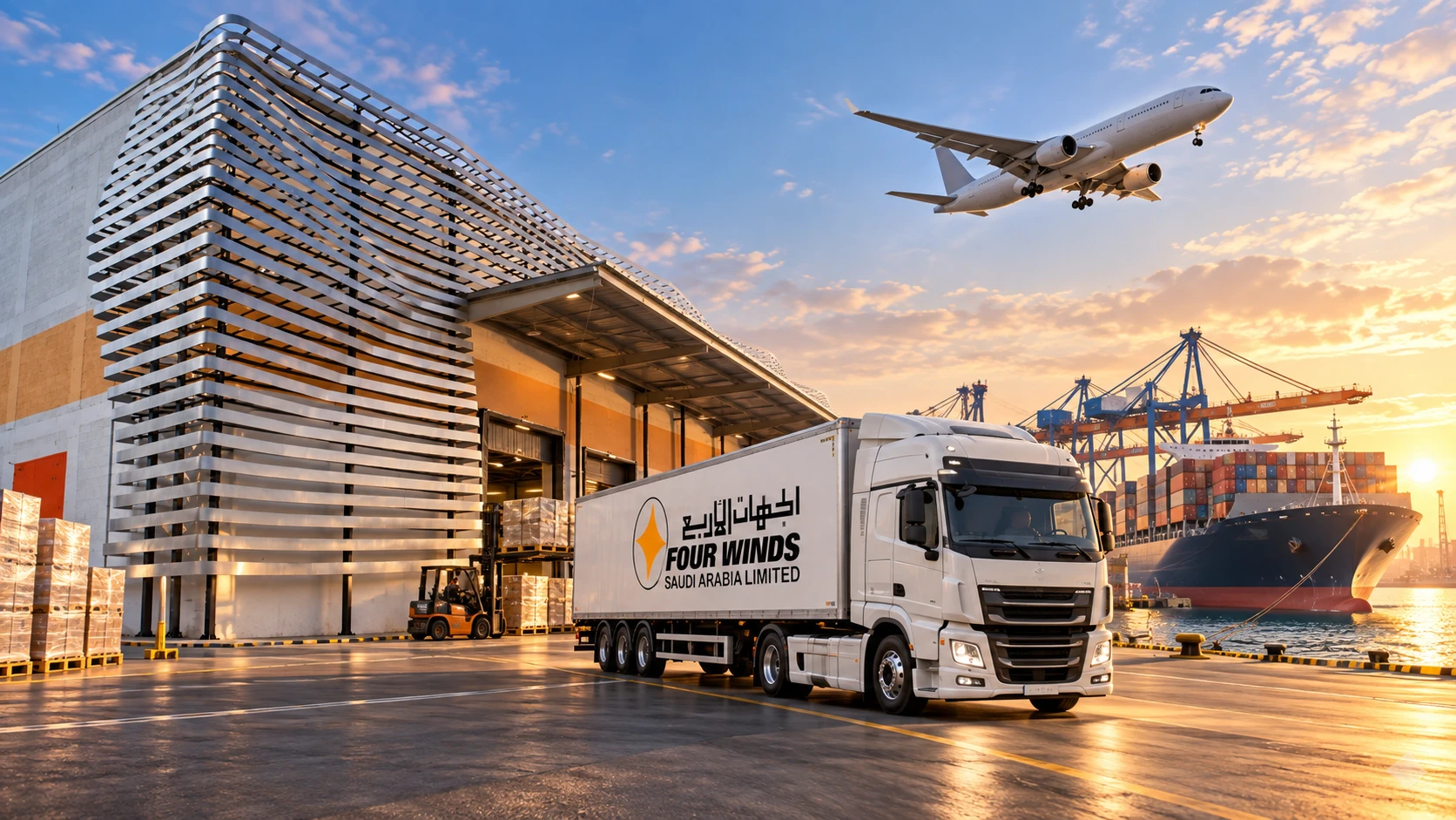 Four Winds Saudi Arabia moving truck at a logistics hub with an aircraft and container ship