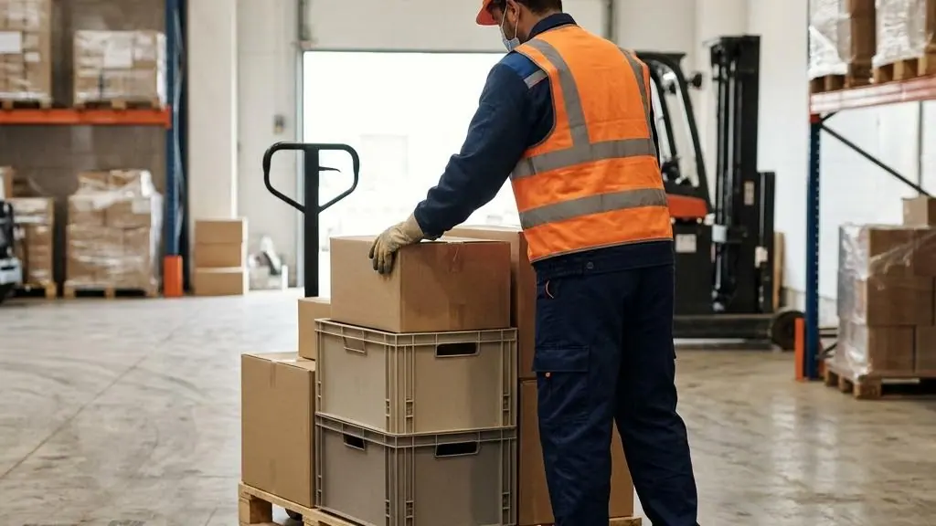 Worker handling safety packaging in a freight facility.