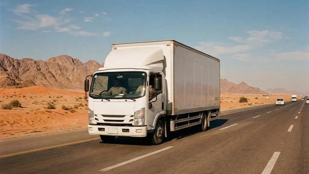 Moving truck travelling on a desert highway.