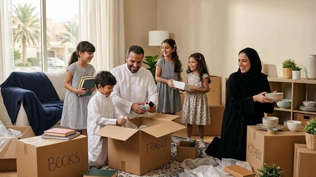 Family unpacking boxes together in a new home.
