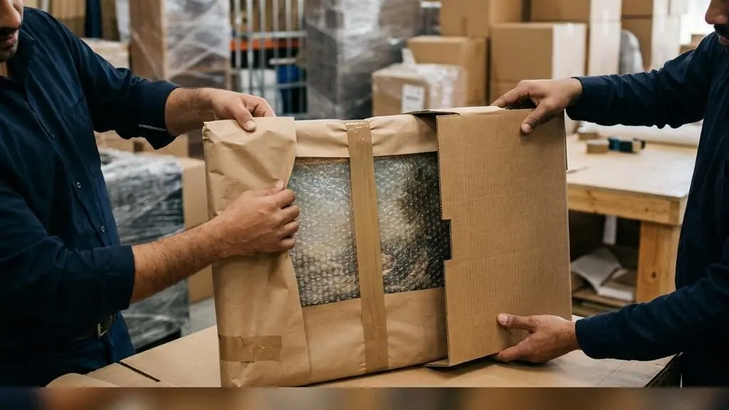 A framed artwork being wrapped for shipping.