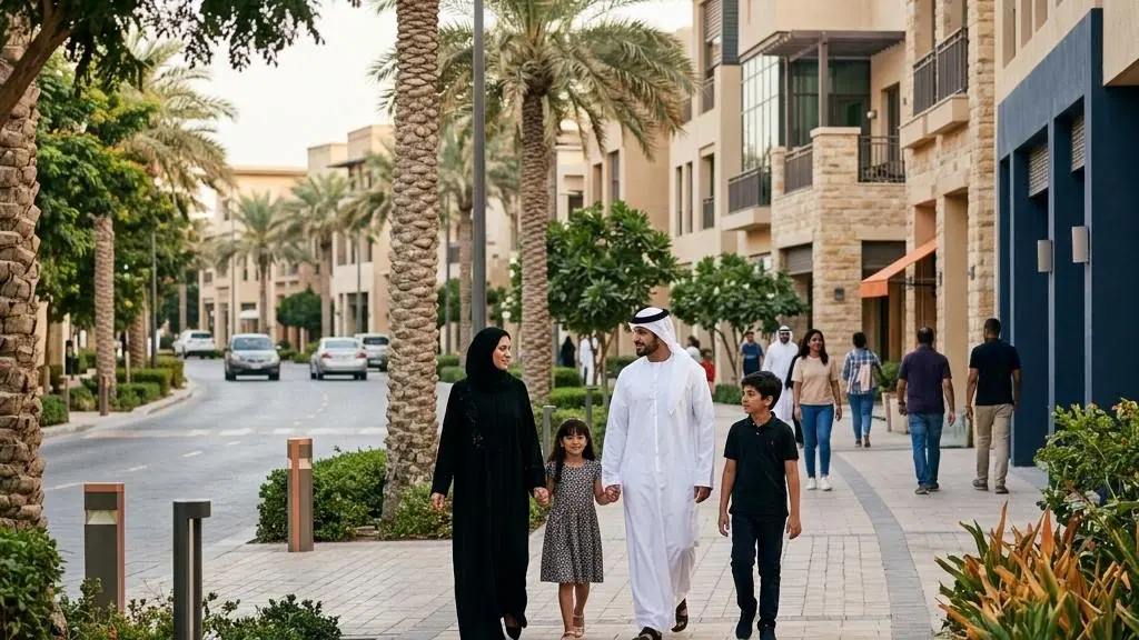 Illustrative peaceful palm-lined city street.