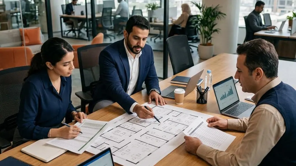 Colleagues planning a business relocation.