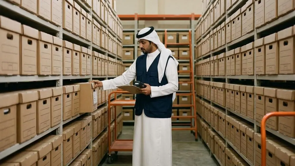 Document boxes organized on archive shelves.