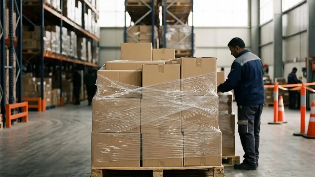 Wrapped shipping pallets inside a logistics center.