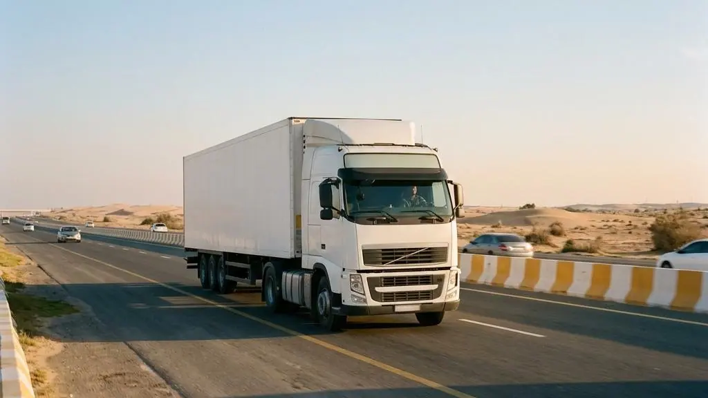 Freight truck travelling along a highway.