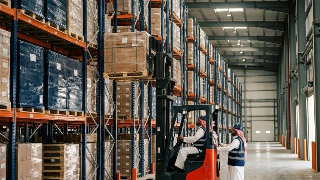Pallets stored safely on high warehouse racks.