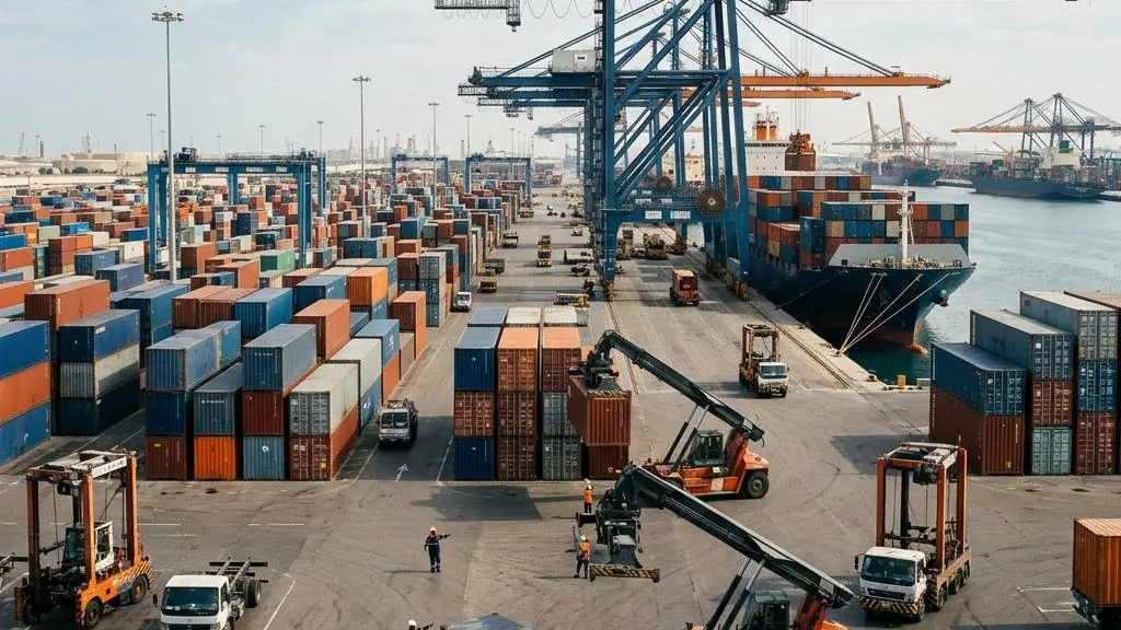 Cargo containers and cranes at a seaport.