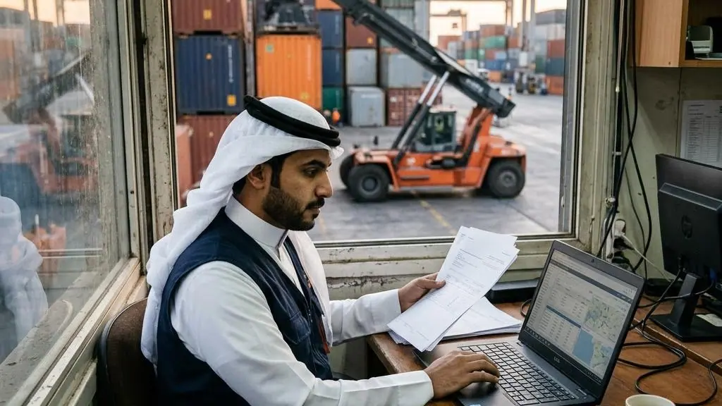 Freight documents being reviewed at a logistics desk.