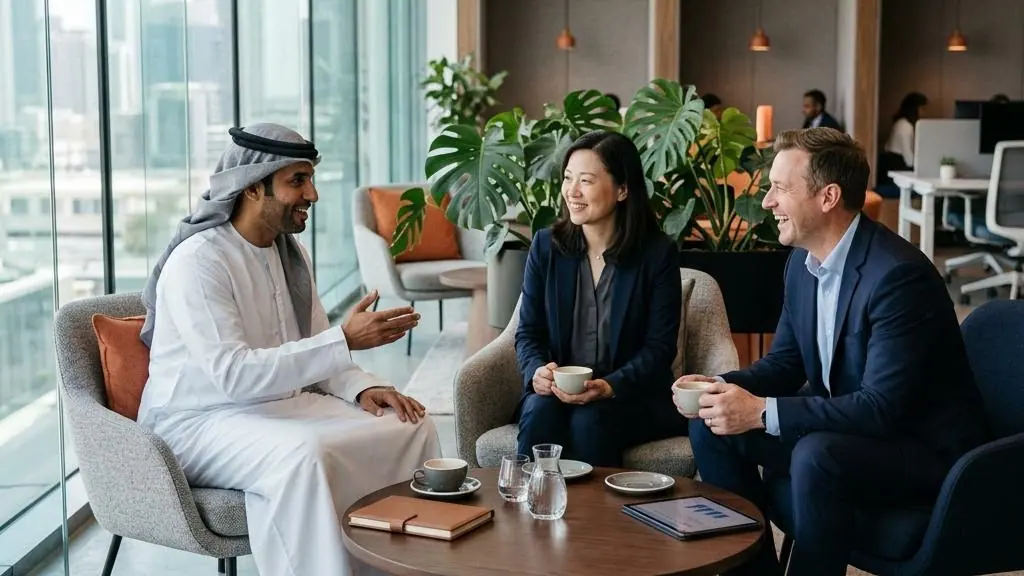 Professionals talking in a modern office.