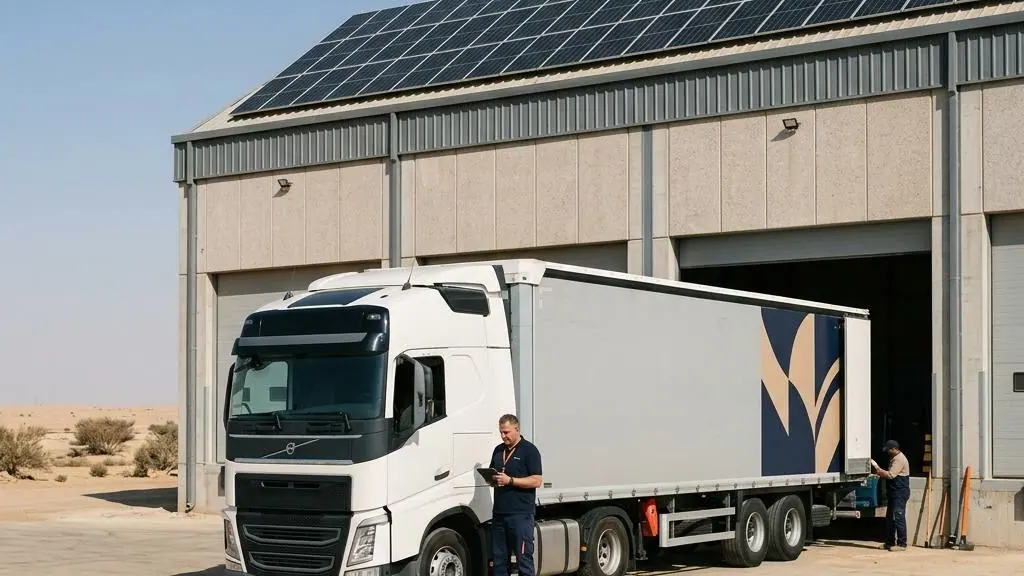 Freight truck beside a solar-powered warehouse.