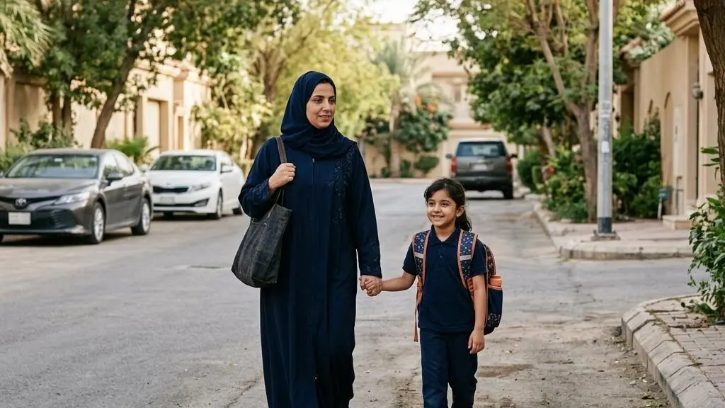 Parent and child walking together to school.