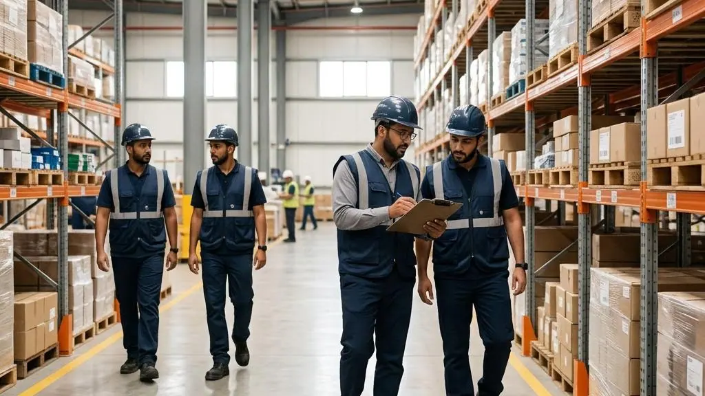 Warehouse team inspecting a safe storage aisle.