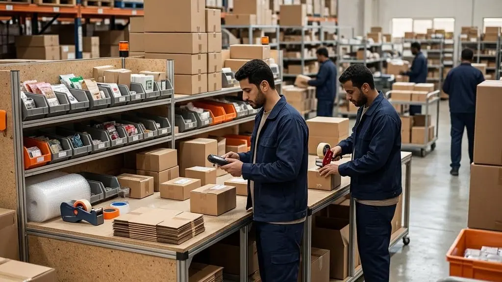 Workers preparing parcels at a fulfillment center.