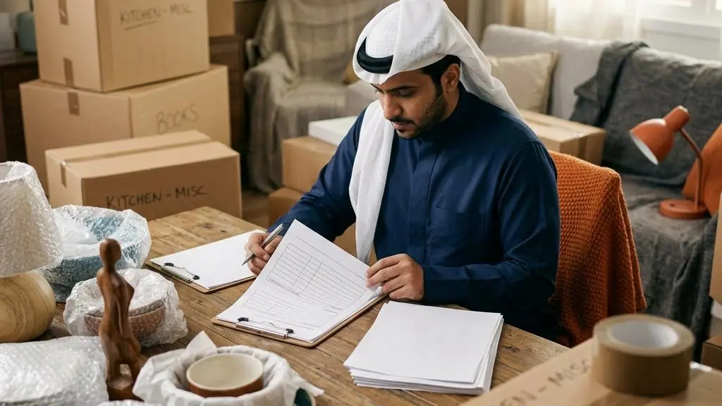 A person reviewing a home inventory and moving paperwork.