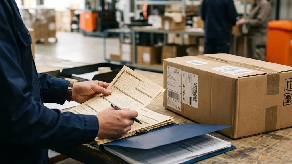 Shipping documents being checked beside a parcel.