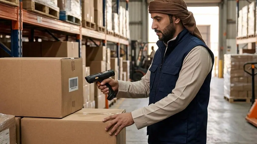Warehouse worker scanning a carton barcode.
