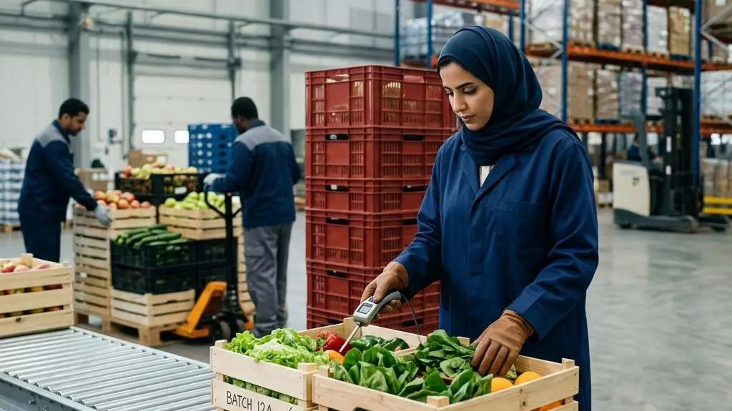 Fresh produce crates in a chilled distribution center.