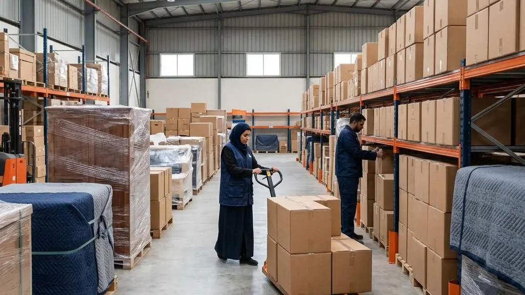 Protected furniture and boxes in a storage facility.