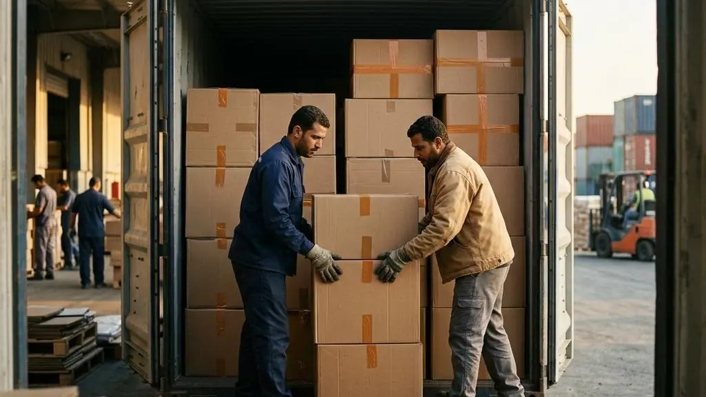 Shipping cartons being loaded into a freight container.