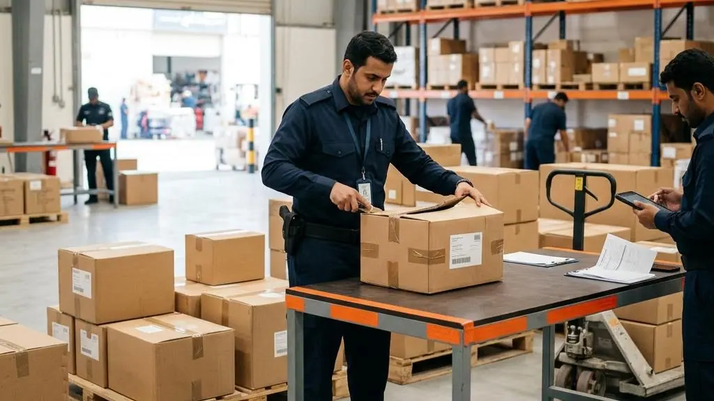 Shipping cartons being inspected at a customs area.