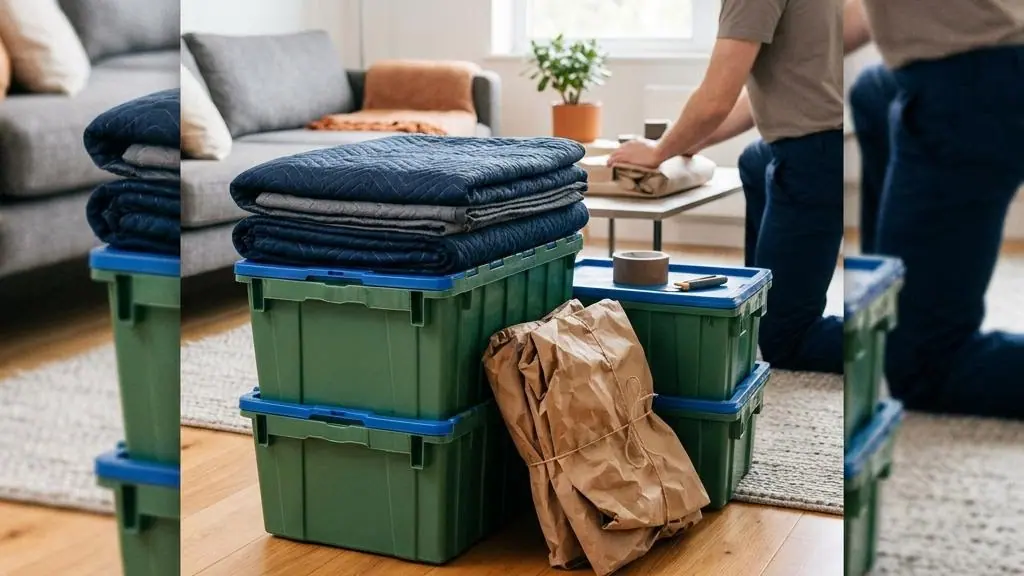 Reusable crates and recycled packing materials.