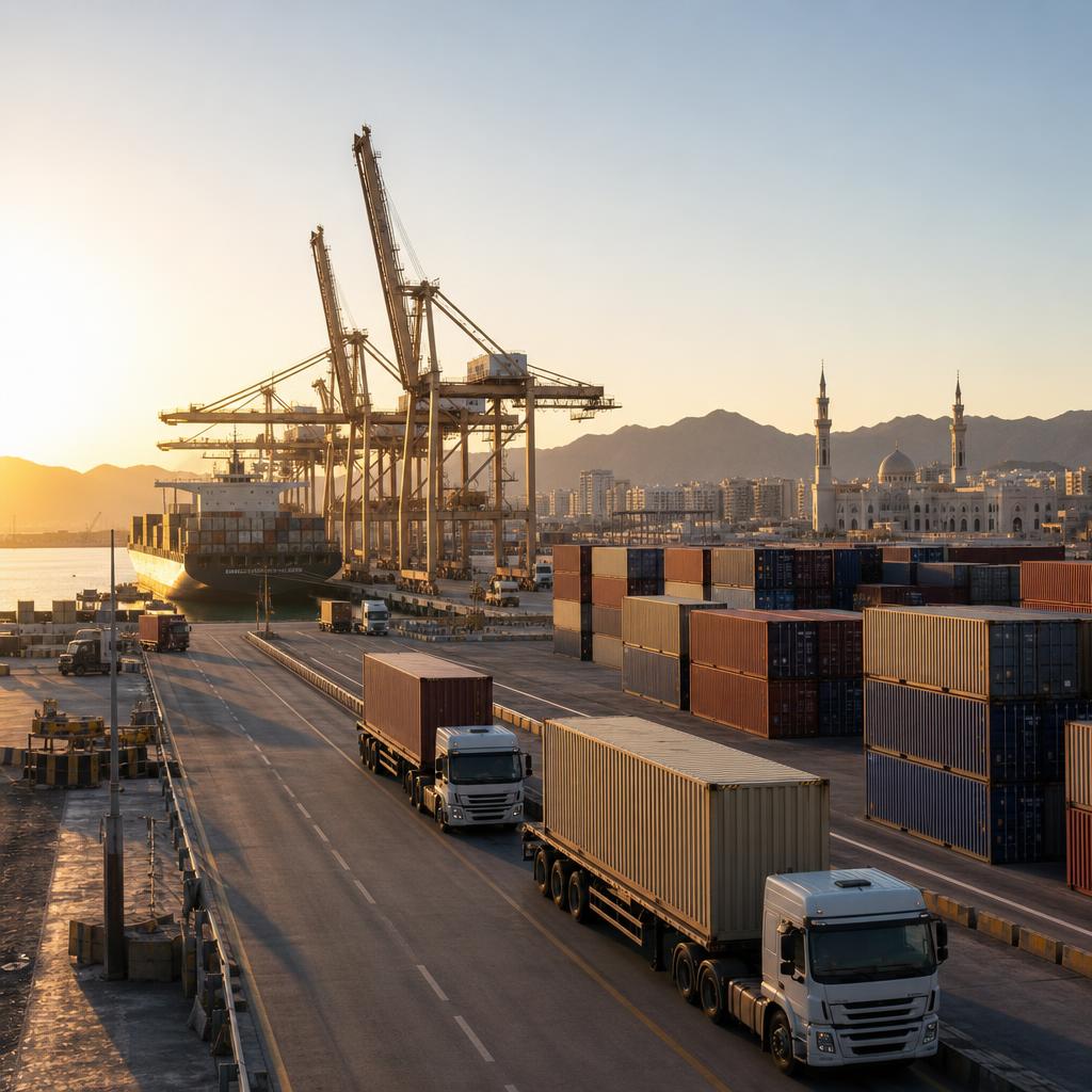 Illustrative commercial port and logistics scene
