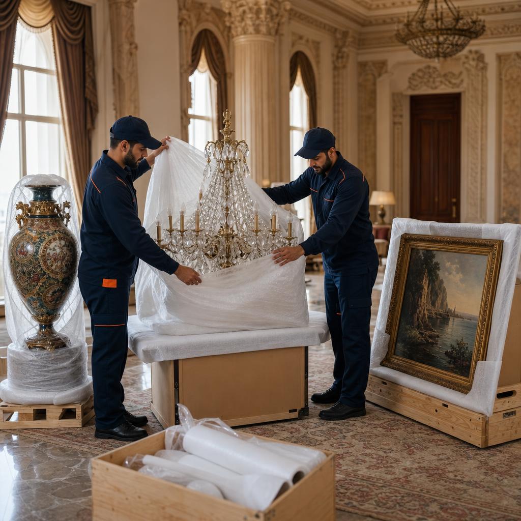 Illustration of two uniformed movers carefully packing a crystal chandelier beside an antique vase and fine art in a palace-style interior