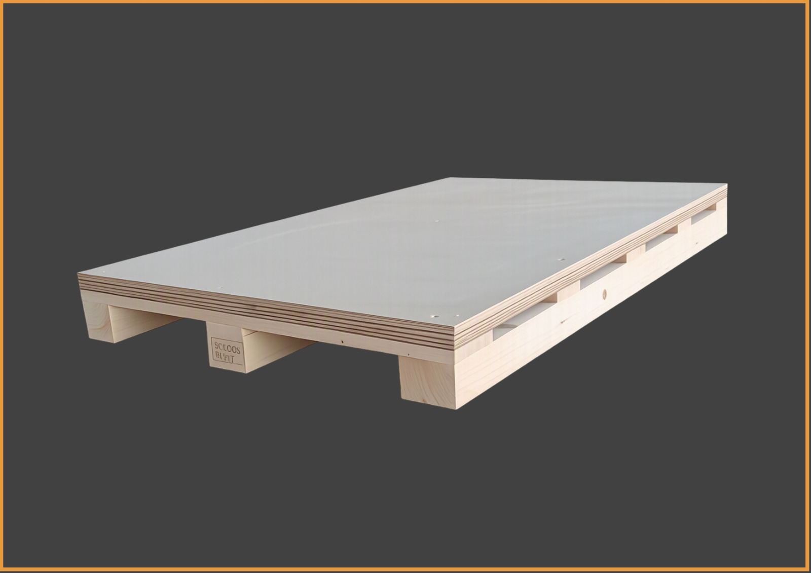 Wooden pallet with a plywood deck displayed against a dark background
